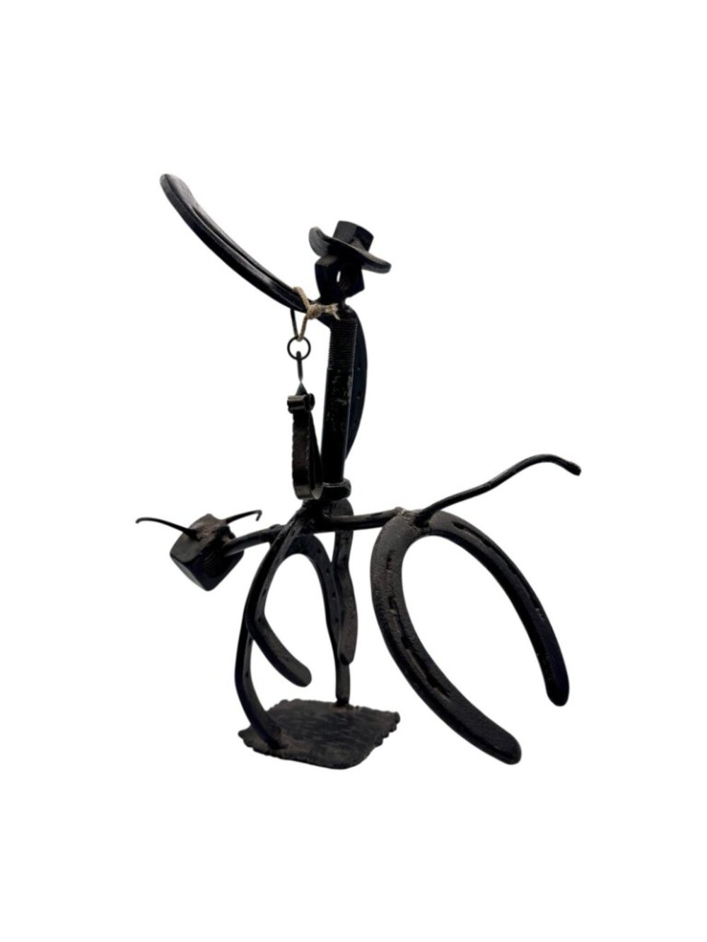 Vintage Western Folk Art Cowboy Bull Rider Iron Sculpture Handmade 14" x 7" OOAK - Picture 3 of 15